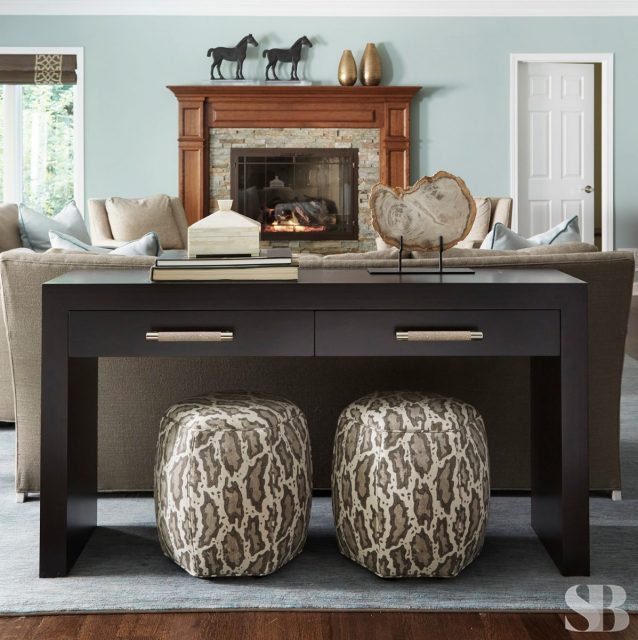 sofa tables and two leopard upholstered stools