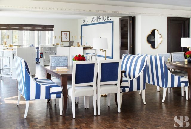dining room with striped chairs