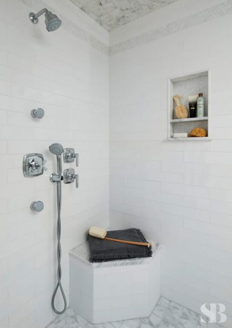 shower with white subway tiles