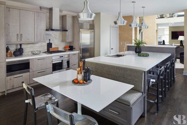 kithcen with large island and extra banquette