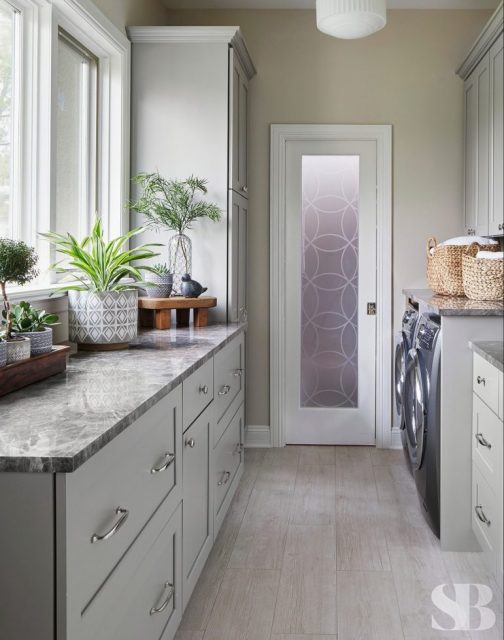 light gray mudroom with plants