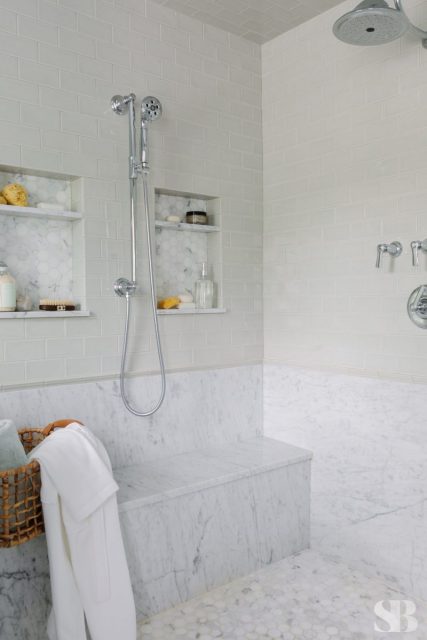 marble and subway tile shower